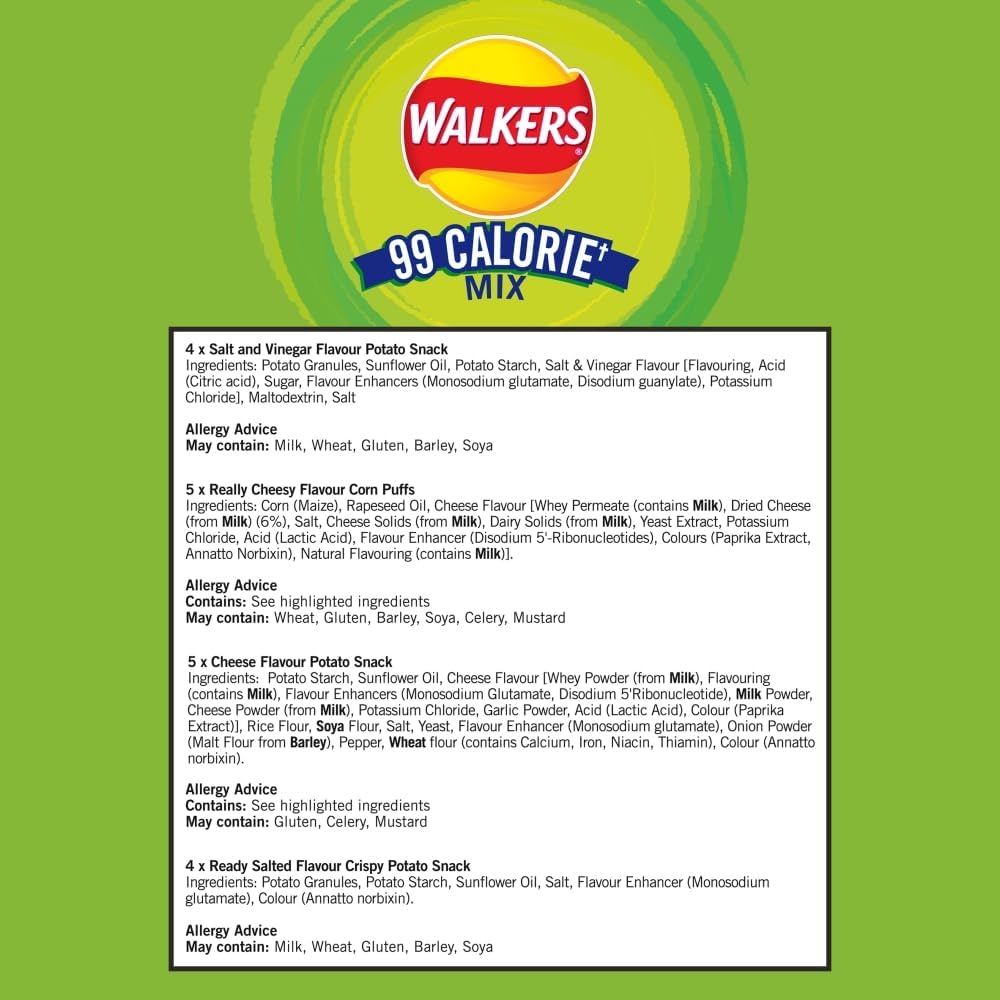 Walkers 99 Calorie+ Mix Multipack Snacks Crisps 18 Pack - Variety Pack with Quavers, Wotsits, Slurpees & Frooties - No Artificial Colours