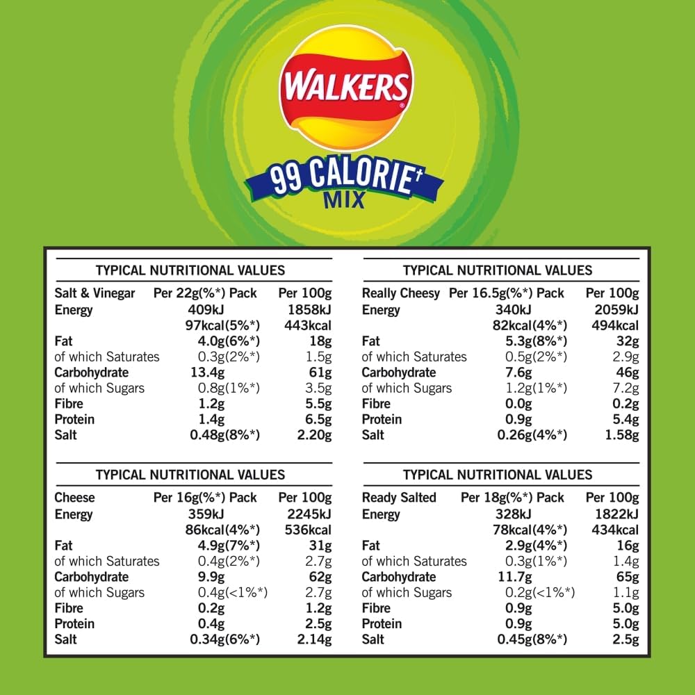 Walkers 99 Calorie+ Mix Multipack Snacks Crisps 18 Pack - Variety Pack with Quavers, Wotsits, Slurpees & Frooties - No Artificial Colours