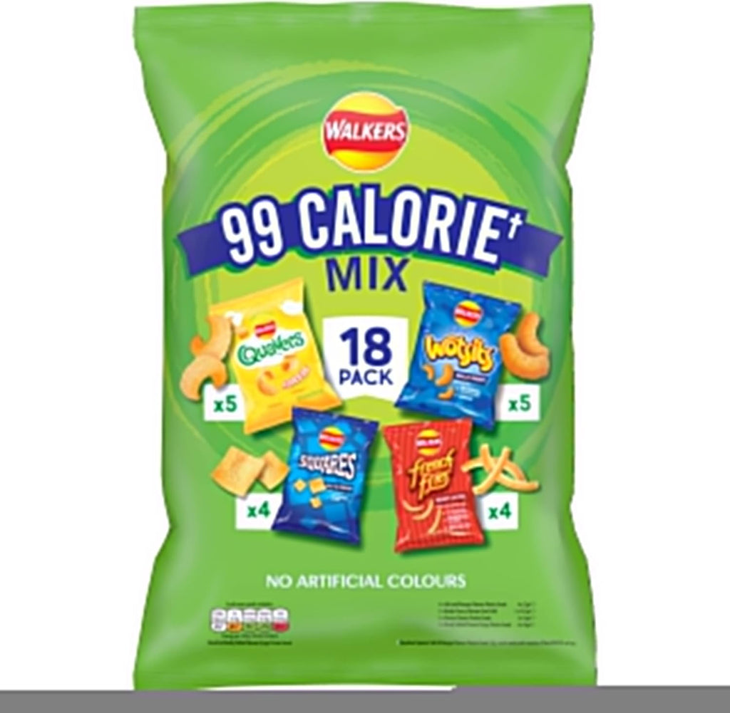 Walkers 99 Calorie+ Mix Multipack Snacks Crisps 18 Pack - Variety Pack with Quavers, Wotsits, Slurpees & Frooties - No Artificial Colours