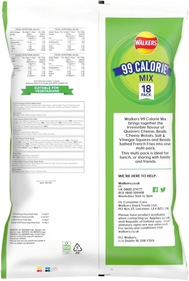 Walkers 99 Calorie+ Mix Multipack Snacks Crisps 18 Pack - Variety Pack with Quavers, Wotsits, Slurpees & Frooties - No Artificial Colours