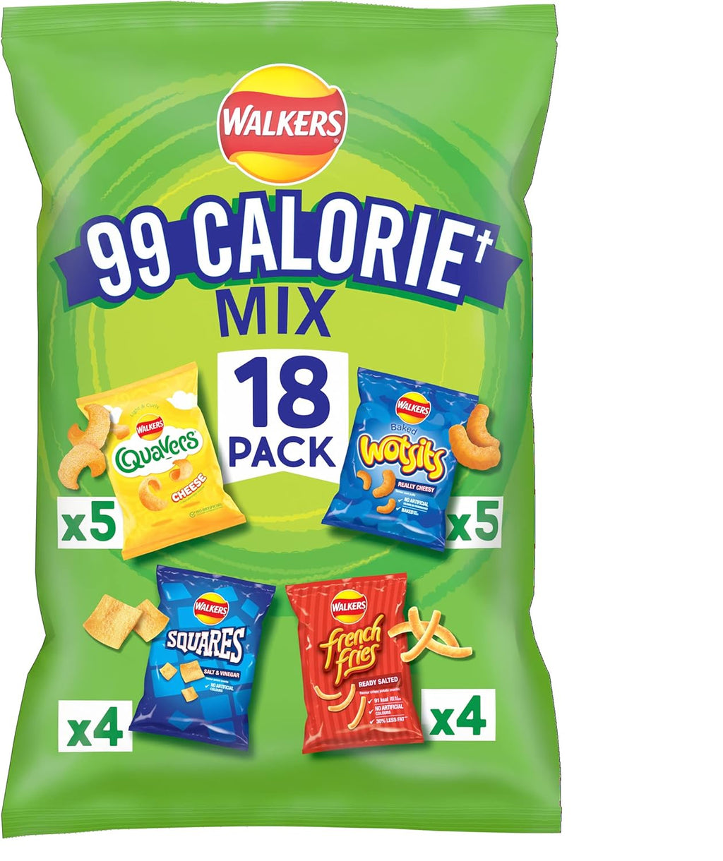 Walkers 99 Calorie+ Mix Multipack Snacks Crisps 18 Pack - Variety Pack with Quavers, Wotsits, Slurpees & Frooties - No Artificial Colours