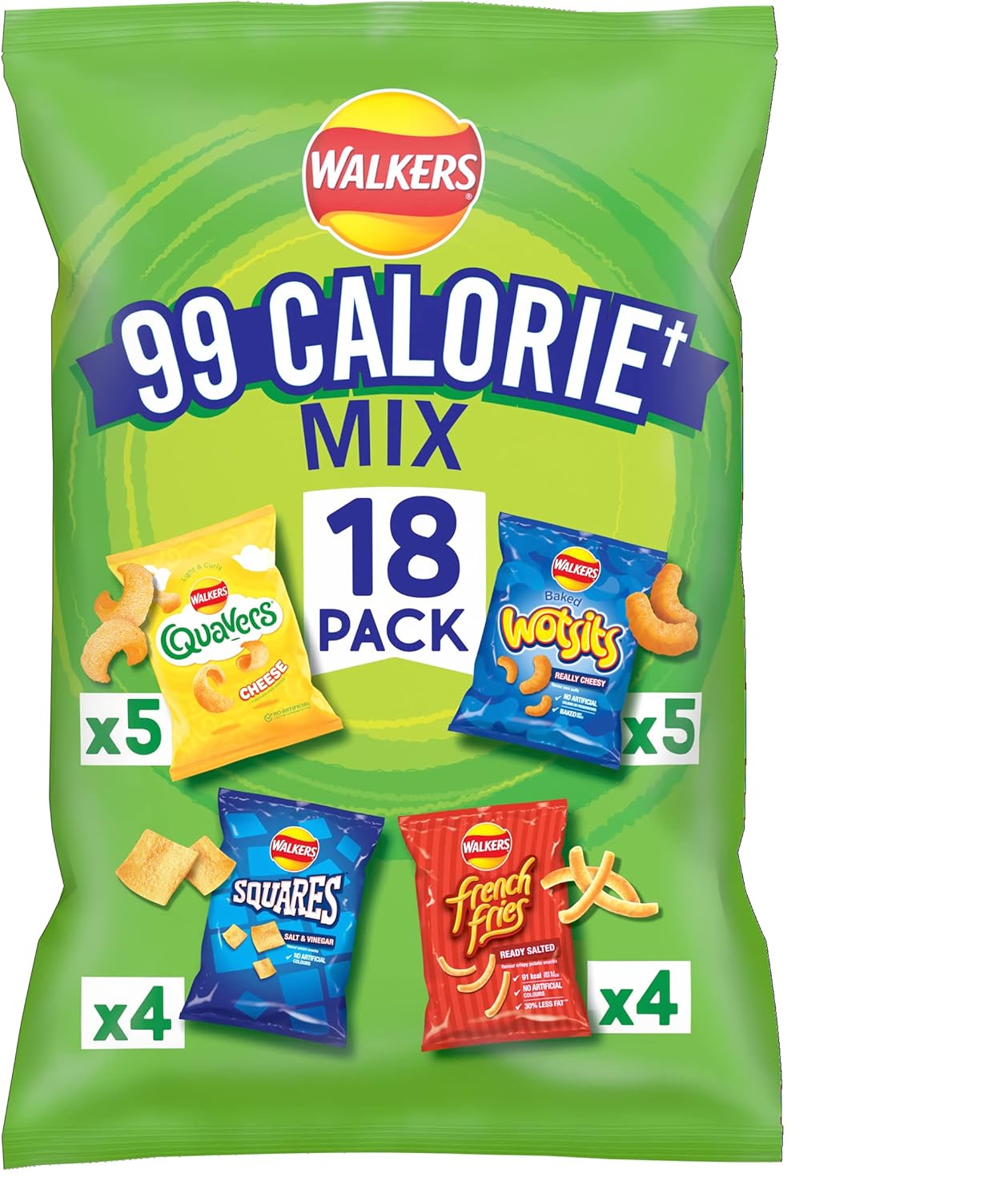 Walkers 99 Calorie+ Mix Multipack Snacks Crisps 18 Pack - Variety Pack with Quavers, Wotsits, Slurpees & Frooties - No Artificial Colours