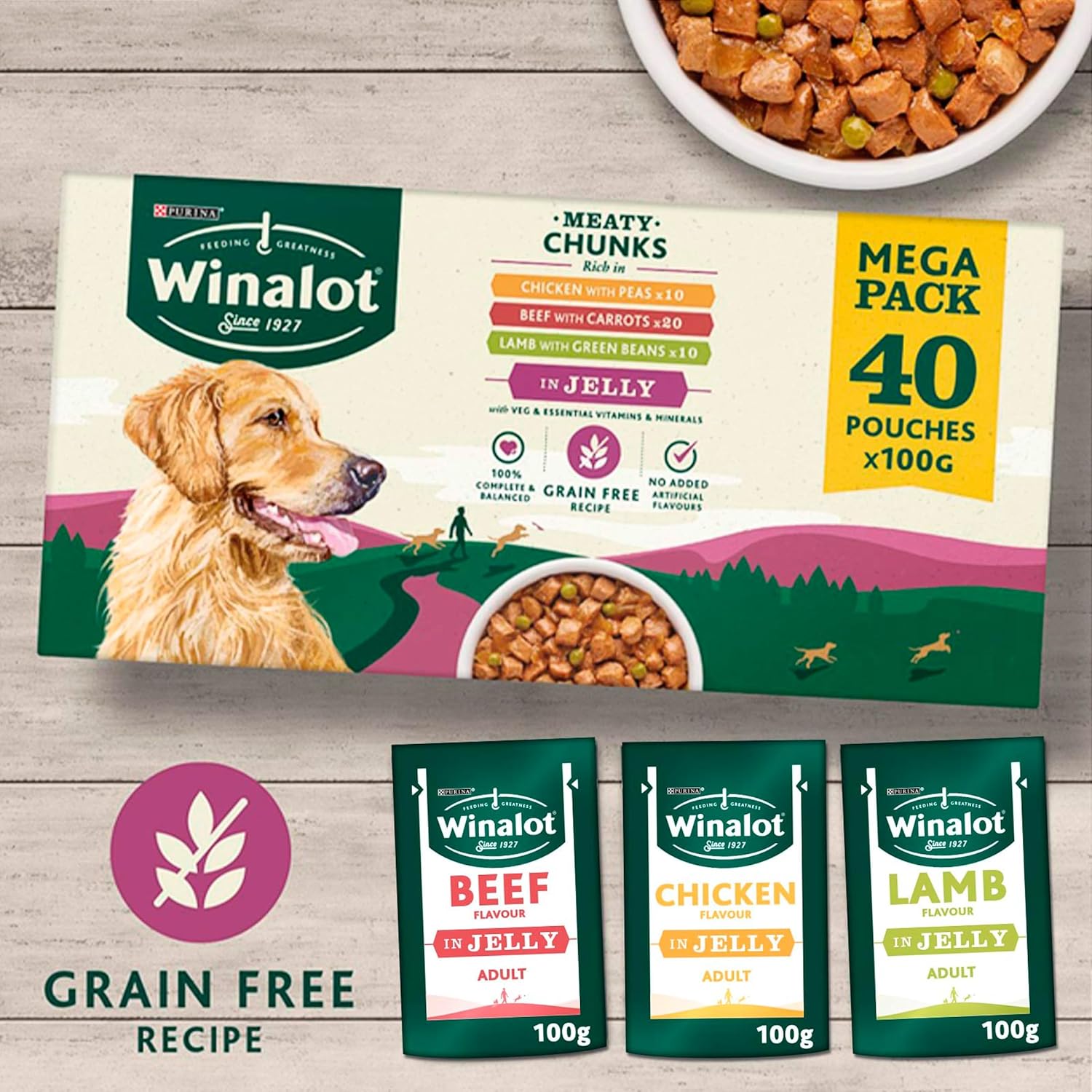 Meaty Chunks in Jelly Wet Dog Food Pouches 40 x 100g – Complete and Balanced Meals for Adult Dogs