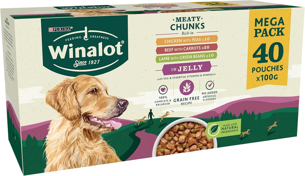 Meaty Chunks in Jelly Wet Dog Food Pouches 40 x 100g – Complete and Balanced Meals for Adult Dogs