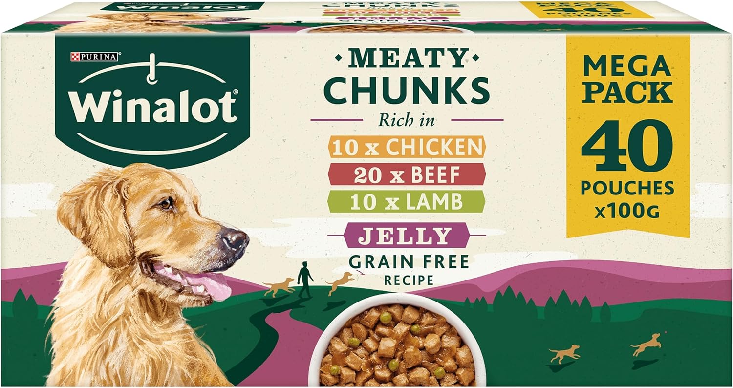 Meaty Chunks in Jelly Wet Dog Food Pouches 40 x 100g – Complete and Balanced Meals for Adult Dogs