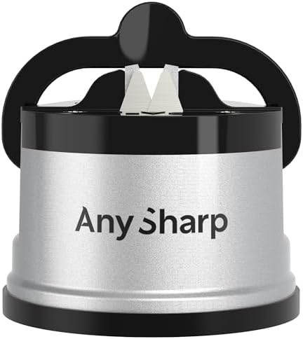 Knife Sharpener – Hands-Free Safety Design with PowerGrip Suction, Sharpens All Kitchen Knives Including Hardened Steel & Serrated Blades, Compact Size, Silver