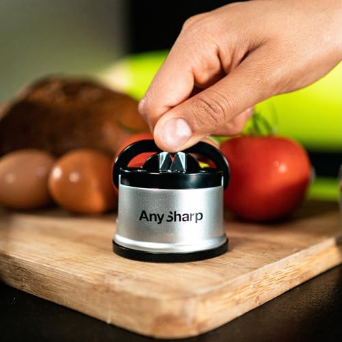 Knife Sharpener – Hands-Free Safety Design with PowerGrip Suction, Sharpens All Kitchen Knives Including Hardened Steel & Serrated Blades, Compact Size, Silver