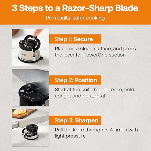 Knife Sharpener – Hands-Free Safety Design with PowerGrip Suction, Sharpens All Kitchen Knives Including Hardened Steel & Serrated Blades, Compact Size, Silver