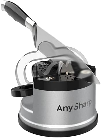 Knife Sharpener – Hands-Free Safety Design with PowerGrip Suction, Sharpens All Kitchen Knives Including Hardened Steel & Serrated Blades, Compact Size, Silver
