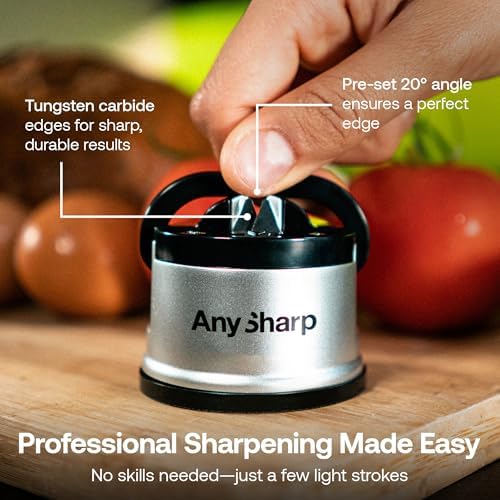 Knife Sharpener – Hands-Free Safety Design with PowerGrip Suction, Sharpens All Kitchen Knives Including Hardened Steel & Serrated Blades, Compact Size, Silver