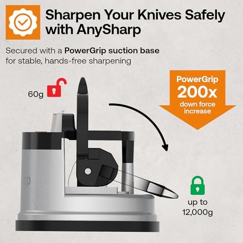 Knife Sharpener – Hands-Free Safety Design with PowerGrip Suction, Sharpens All Kitchen Knives Including Hardened Steel & Serrated Blades, Compact Size, Silver