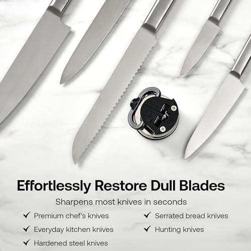 Knife Sharpener – Hands-Free Safety Design with PowerGrip Suction, Sharpens All Kitchen Knives Including Hardened Steel & Serrated Blades, Compact Size, Silver