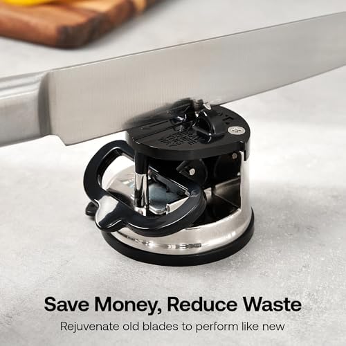 Knife Sharpener – Hands-Free Safety Design with PowerGrip Suction, Sharpens All Kitchen Knives Including Hardened Steel & Serrated Blades, Compact Size, Silver