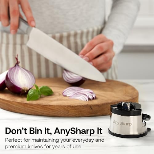 Knife Sharpener – Hands-Free Safety Design with PowerGrip Suction, Sharpens All Kitchen Knives Including Hardened Steel & Serrated Blades, Compact Size, Silver