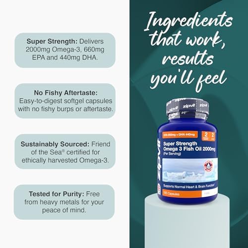Omega 3 Fish Oil 2000mg – High Strength with EPA 660mg & DHA 440mg per Daily Serving, 120 Capsules (2-Month Supply), Supports Heart, Brain & Eye Health
