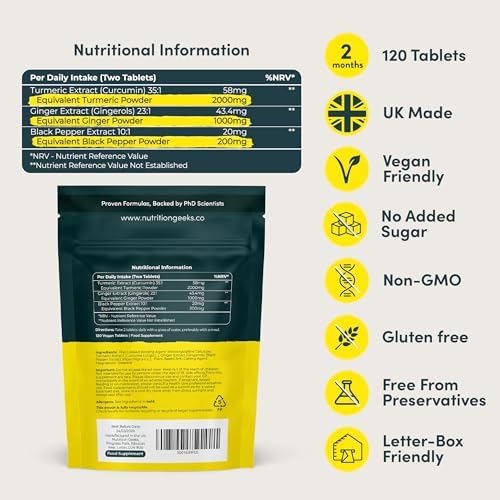 Turmeric Tablets 2000mg with Black Pepper & Ginger – High Strength Curcumin Formula, 120 Easy Swallow Vegan Tablets, UK Made