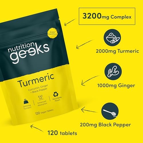 Turmeric Tablets 2000mg with Black Pepper & Ginger – High Strength Curcumin Formula, 120 Easy Swallow Vegan Tablets, UK Made
