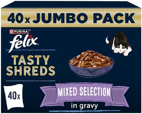 Tasty Shreds Adult Wet Cat Food, Mixed Selection in Gravy with Chicken, Beef, Tuna & Salmon, 40 x 80g Pouches