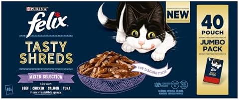 Tasty Shreds Adult Wet Cat Food, Mixed Selection in Gravy with Chicken, Beef, Tuna & Salmon, 40 x 80g Pouches