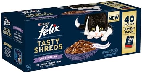 Tasty Shreds Adult Wet Cat Food, Mixed Selection in Gravy with Chicken, Beef, Tuna & Salmon, 40 x 80g Pouches