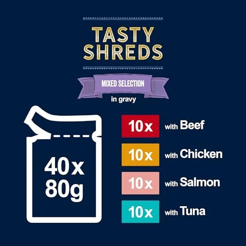 Tasty Shreds Adult Wet Cat Food, Mixed Selection in Gravy with Chicken, Beef, Tuna & Salmon, 40 x 80g Pouches