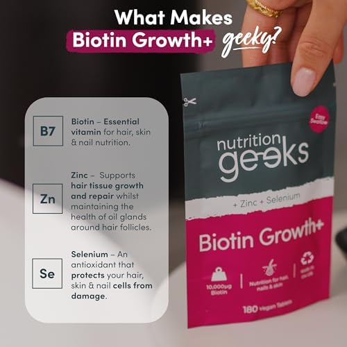 Biotin Hair Growth Supplement 10000mcg – with Zinc & Selenium, 180 Vegan Tablets, Hair, Skin & Nails Vitamin Complex for Women and Men, UK Made