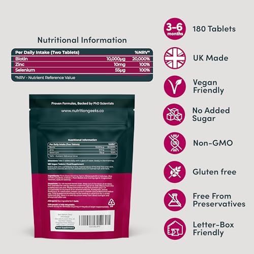 Biotin Hair Growth Supplement 10000mcg – with Zinc & Selenium, 180 Vegan Tablets, Hair, Skin & Nails Vitamin Complex for Women and Men, UK Made