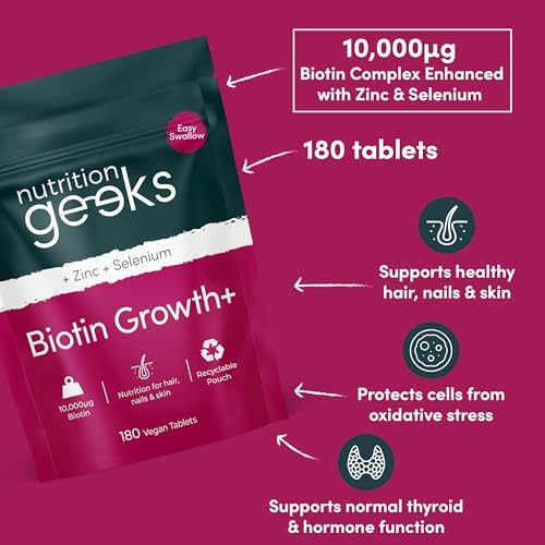 Biotin Hair Growth Supplement 10000mcg – with Zinc & Selenium, 180 Vegan Tablets, Hair, Skin & Nails Vitamin Complex for Women and Men, UK Made