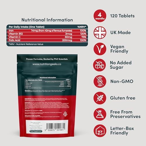 Iron Tablets High Strength 14mg – with Vitamin C, B12 & Folic Acid, 120 Vegan Supplements for Women and Men, Supports Energy & Enhanced Absorption, UK Made