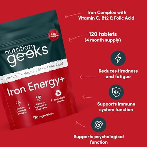 Iron Tablets High Strength 14mg – with Vitamin C, B12 & Folic Acid, 120 Vegan Supplements for Women and Men, Supports Energy & Enhanced Absorption, UK Made