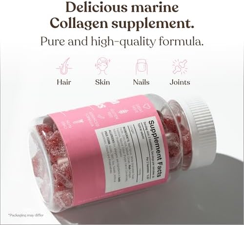 Collagen Gummies – High Strength Marine Collagen Supplement with Type 1 Hydrolysed Collagen Peptides, Triple Strength Pure Formulation, 60 Gummies
