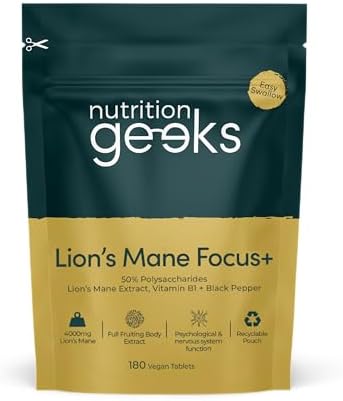 Lion’s Mane Supplement 4000mg with Vitamin B1 & Black Pepper – 15:1 Mushroom Extract, 180 Vegan Tablets, UK Made for Mental Performance & Nervous System Support