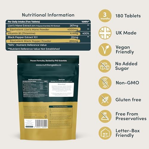 Lion’s Mane Supplement 4000mg with Vitamin B1 & Black Pepper – 15:1 Mushroom Extract, 180 Vegan Tablets, UK Made for Mental Performance & Nervous System Support