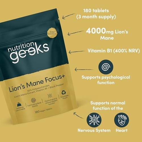 Lion’s Mane Supplement 4000mg with Vitamin B1 & Black Pepper – 15:1 Mushroom Extract, 180 Vegan Tablets, UK Made for Mental Performance & Nervous System Support