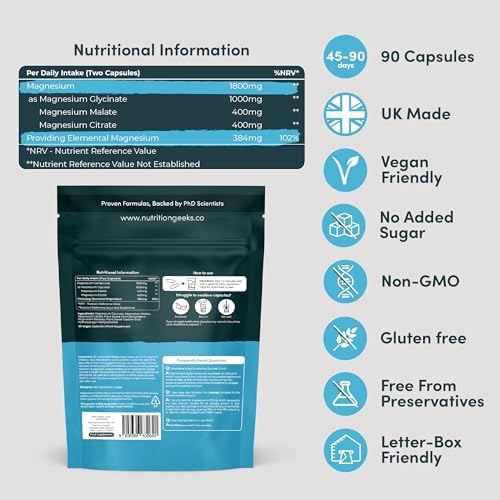 Magnesium Glycinate 3-in-1 Complex 1800mg – Bisglycinate, Citrate & Malate Formula, High Absorption 384mg Elemental Magnesium, 90 Vegan Capsules, UK Made