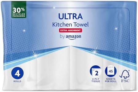 ULTRA Kitchen Roll – Extra Absorbent, 4 Rolls (Pack of 1), 45 Sheets per Roll, Wring and Reuse, FSC Certified