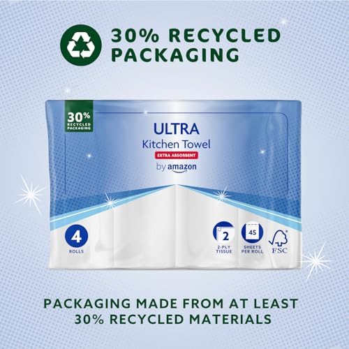 ULTRA Kitchen Roll – Extra Absorbent, 4 Rolls (Pack of 1), 45 Sheets per Roll, Wring and Reuse, FSC Certified